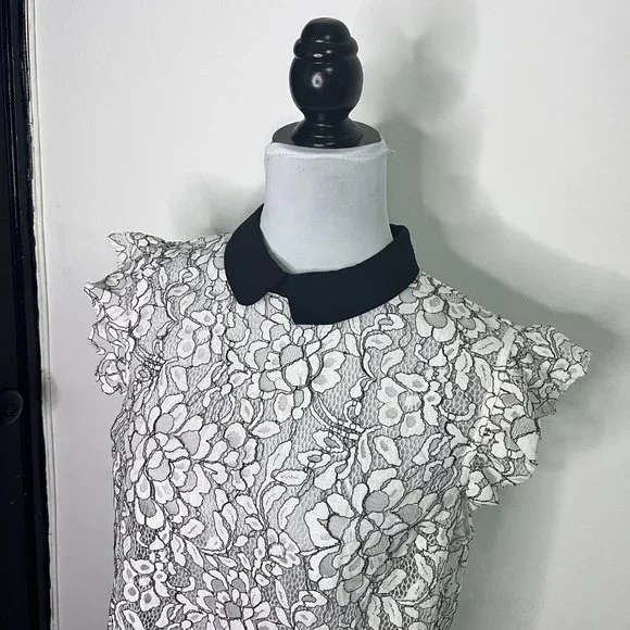 Forever 21 White Floral Lace See Thru Sleeveless Top with Black Collar Size L - Picture 4 of 7